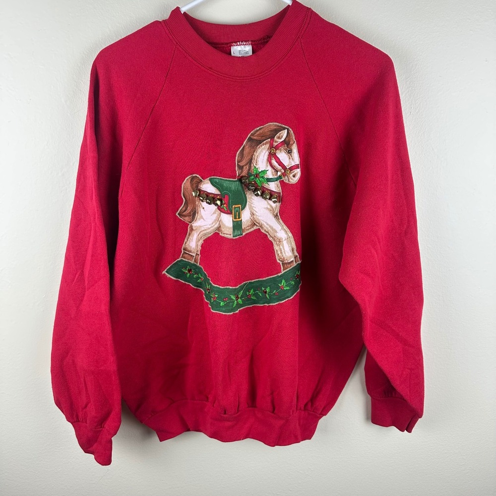 Vintage Fruit of the‎ Loom Christmas Rocking Horse Crewneck Sweatshirt Red L